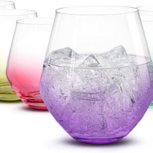 Premium Stemless Wine Glass | Handmade In Europe | 18oz Colored Stemless Crystal Wine Glasses set 6