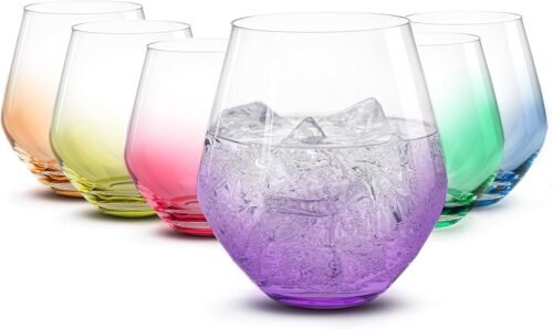Premium Stemless Wine Glass | Handmade In Europe | 18oz Colored Stemless Crystal Wine Glasses set 6