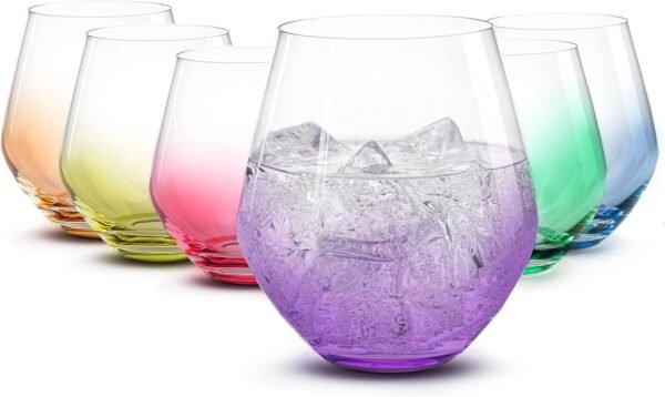 Premium Stemless Wine Glass | Handmade In Europe | 18oz Colored Stemless Crystal Wine Glasses set 6