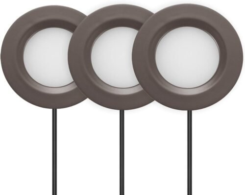2.75" Wide 3000K Dimmable LED Puck Lights Kit, Plug-in Installation with recessed or Surface Mounted, Bronze Finished, Set of 3, IN-0102-3-BZ