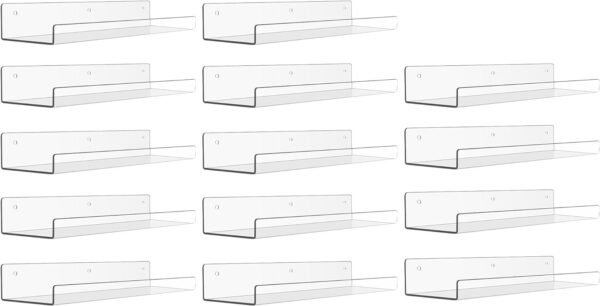 61Hv90ZKc2L._AC_SL1500.jpg 4 Pack Acrylic Shelves for Wall Storage, 15" Floating Bookshelves for Kids, Display Shelf Organizer for Bathroom, Bedroom, Living Room, Kitchen, Room Decor, Clear