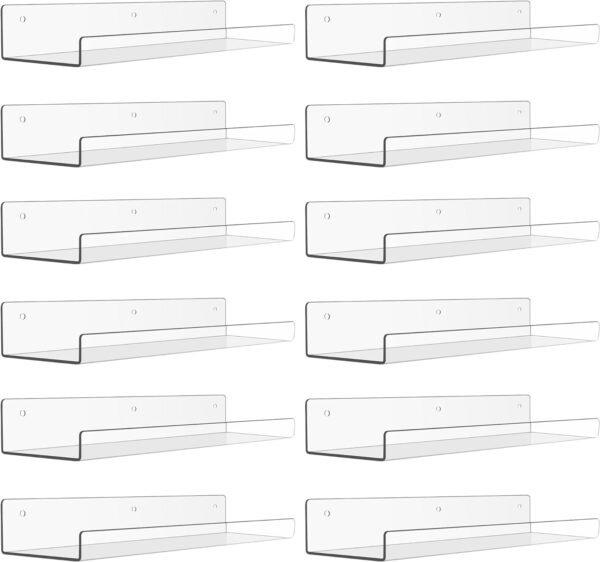 61IXG9_mmAL._AC_SL1500.jpg 4 Pack Acrylic Shelves for Wall Storage, 15" Floating Bookshelves for Kids, Display Shelf Organizer for Bathroom, Bedroom, Living Room, Kitchen, Room Decor, Clear