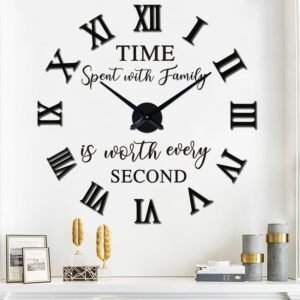 Large 3D DIY Wall Clock, Giant Roman Numerals Clock Frameless Mirror Big Wall Clock Home Decoration for Home Living Room Bedroom Wall Decorations(Gold)