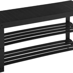 Bamboo Shoe Rack for Entryway, 3-Tier Shoe Rack Bench for Front Indoor Entrance, Small Shoe Organizer with Storage, 35.4 Inches, Black
