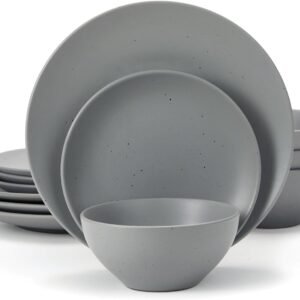 Moon Dinnerware Sets for 4, 12 Piece Stoneware Plates and Bowls Sets with Speckled Design, Matte Dish Set, Microwave and Dishwasher Safe, Charcoal