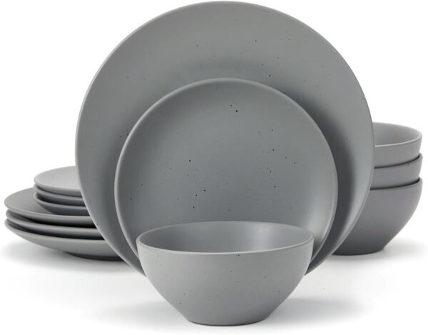 Moon Dinnerware Sets for 4, 12 Piece Stoneware Plates and Bowls Sets with Speckled Design, Matte Dish Set, Microwave and Dishwasher Safe, Charcoal