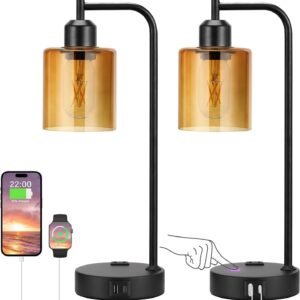 Industrial Touch Table Lamps for Bedrooms Set of 2 - 3-Way Dimmable Nightstand Lamps with USB C+A Ports and Outlet, Black Bedside Lamps with Glass Shade for Living Room, Desk Lamps for Home Office