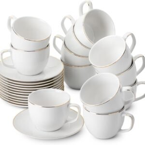 White Tea Cups and Saucers, 8oz, Tea Cups Set of 12, Porcelain Tea Cups, White Cup & Saucer Sets, White Tea Cup Set of 12, Tea Cup Sets, Bulk Tea Cups and Saucers Set of 12, Tea Cups and Sets