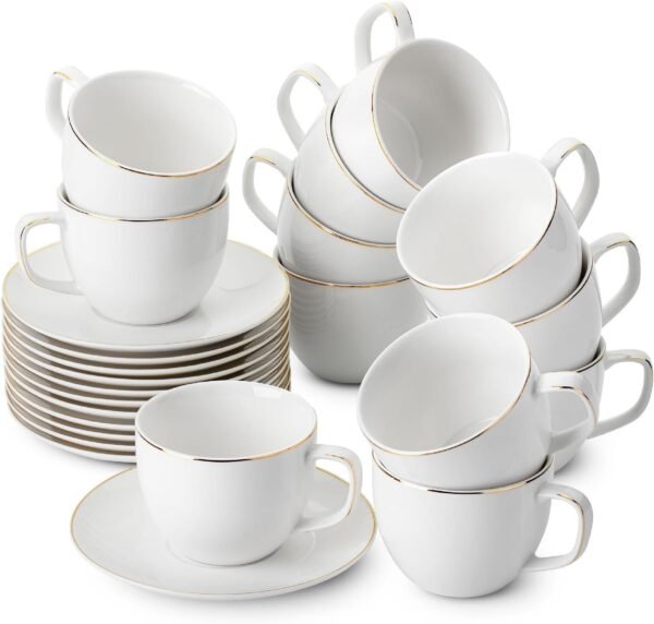 White Tea Cups and Saucers, 8oz, Tea Cups Set of 12, Porcelain Tea Cups, White Cup & Saucer Sets, White Tea Cup Set of 12, Tea Cup Sets, Bulk Tea Cups and Saucers Set of 12, Tea Cups and Sets
