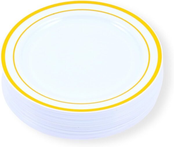61LUDR7PNyL._AC_SL1500.jpg 60-Piece Plastic Plates Set Premium 30 Dinner Plates & 30 Salad Plates Pack, Disposable Plates for Party - White Plastic Wedding Plates with Rose Gold Rim
