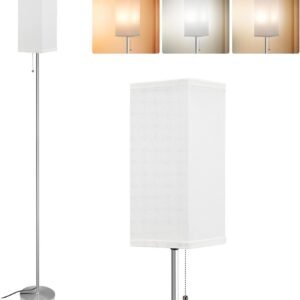 Tall Floor Lamp with Linen Shade - 3 Color Temperature, Black, LED Bulbs, Pull Chain Switch, Easy Assembly