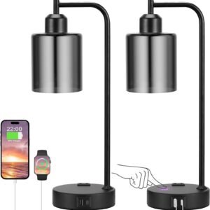 Industrial Touch Table Lamps for Bedrooms Set of 2 - 3-Way Dimmable Nightstand Lamps with USB C+A Ports and Outlet, Black Bedside Lamps with Glass Shade for Living Room, Desk Lamps for Home Office
