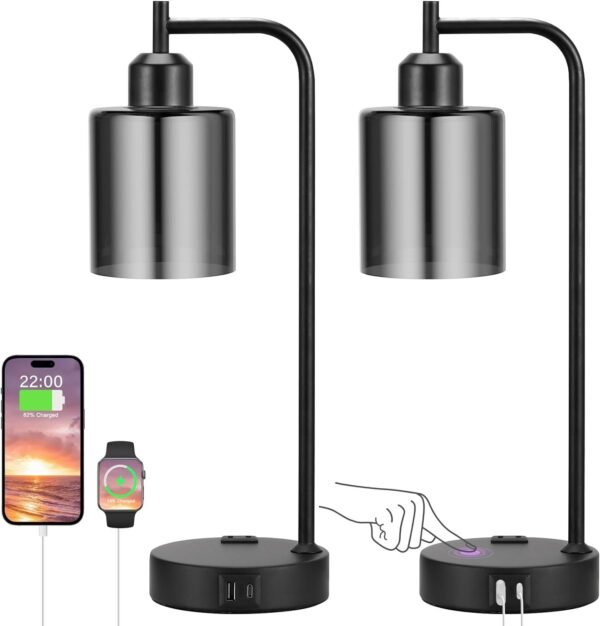 Industrial Touch Table Lamps for Bedrooms Set of 2 - 3-Way Dimmable Nightstand Lamps with USB C+A Ports and Outlet, Black Bedside Lamps with Glass Shade for Living Room, Desk Lamps for Home Office