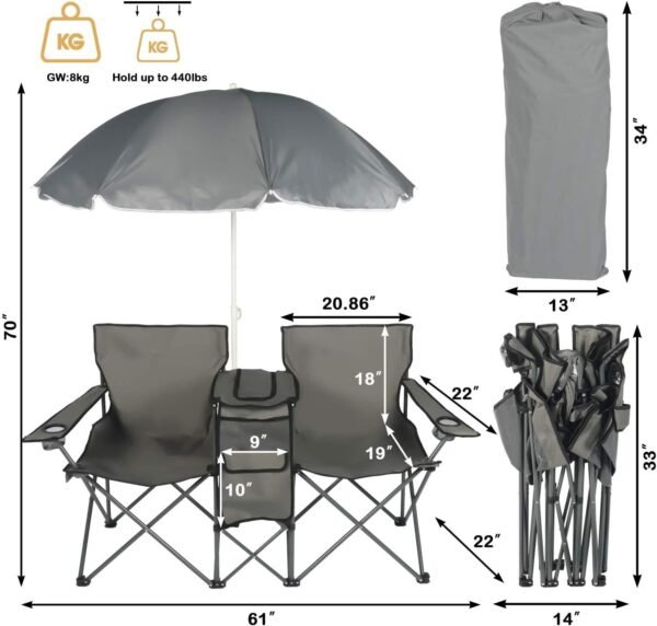 Double Folding Camping Chair W/Umbrella Fold Up Table Beverage Holder Carrying Bag Cooler for Patio Pool Park Outdoor Beach, Picnic, Portable (Grey)