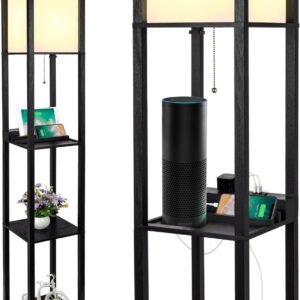 3-in-1 Shelf Floor Lamp with 1 USB&Type C&1 AC Outlet, 3-Tiered LED Shelf Lamp, Shelf & Storage Floor Lamp Combination Modern Standing Light