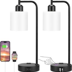 Industrial Touch Table Lamps for Bedrooms Set of 2 - 3-Way Dimmable Nightstand Lamps with USB C+A Ports and Outlet, Black Bedside Lamps with Glass Shade for Living Room, Desk Lamps for Home Office