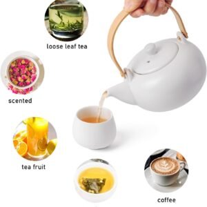 20oz Ceramic Teapot with 4 Teacup, Japanese Style Porcelain Tea Pot, Loose Leaf and Blooming Tea Maker Tea Caddy Cups Pottery Tea Sets with Bentwood Handle for Women Gift (Gloss White)
