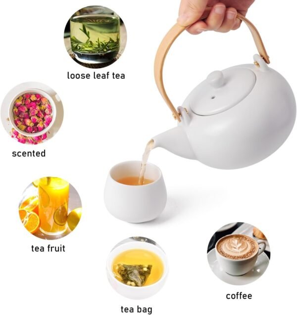 20oz Ceramic Teapot with 4 Teacup, Japanese Style Porcelain Tea Pot, Loose Leaf and Blooming Tea Maker Tea Caddy Cups Pottery Tea Sets with Bentwood Handle for Women Gift (Gloss White)