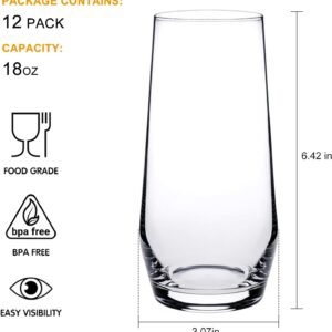 18oz Drinking Glasses, Highball Glasses Set of 12,Sutiable for Glasses for Wine, Iced Tea Glasses,Mojito Kit,Cocktails, Drinks, Office, Parties, Weddings and Gifts