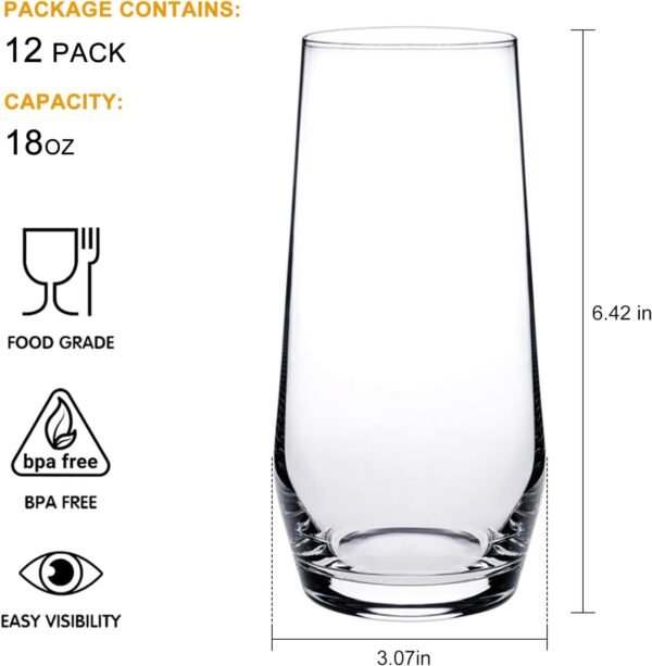 18oz Drinking Glasses, Highball Glasses Set of 12,Sutiable for Glasses for Wine, Iced Tea Glasses,Mojito Kit,Cocktails, Drinks, Office, Parties, Weddings and Gifts