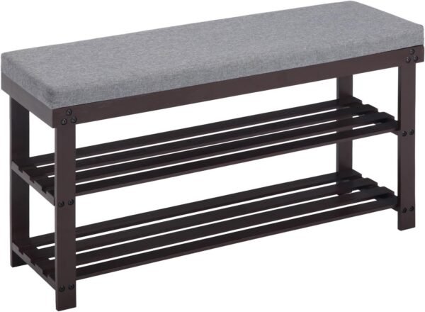 Bamboo Shoe Rack for Entryway, 3-Tier Shoe Rack Bench for Front Indoor Entrance, Small Shoe Organizer with Storage, 35.4 Inches, Black