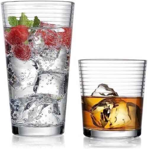 Drinking Glasses 16 Piece Set, 8-17 Oz. Highball Glasses, 8-13 Oz. Whiskey Rocks, Ideal for Water, Juice, Cocktails, and Iced Tea. Dishwasher safe