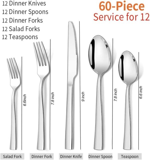 Silverware Set for 12, CXJY 60-Piece Stainless Steel Flatware Cutlery Set, Square Edge Kitchen Utensil Include Knives/Forks/Spoons, Tableware for Home/Hotel, Mirror Polished Dishwasher Safe