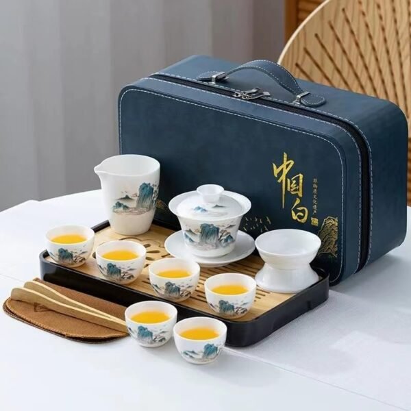 Asian tea set |Kungfu tea sets |Ceramic Portable tea set |tea sets for adult |13-piece withgrey leather case |Tea set gift for Home, Outdoor, Business (Ceramic-Black teaset)