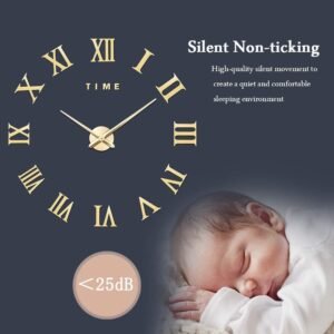 Large 3D DIY Wall Clock, Giant Roman Numerals Clock Frameless Mirror Big Wall Clock Home Decoration for Home Living Room Bedroom Wall Decorations(Gold)