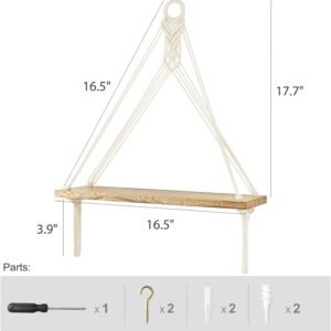 Macrame Hanging Shelves Boho Wall Decor Set of 2 Rustic Wood Floating Storage Shelf for Bedroom Bathroom Living Room Nursery Dorm Room, Display Shelving for Hanging Plants Photos