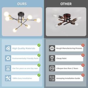 Modern Sputnik Chandelier, 6-Light Black Gold Ceiling Light Fixture, Industrial Sputnik Lights Fixture for Bedroom, Living Room, Dining Room, Kitchen, Hallway, E26 Base, Bulbs Not Included