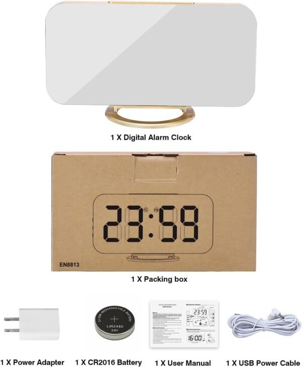 Digital Alarm Clock,7 in LED Mirrored Clocks Large Display,with 2 USB Charger Ports,Auto Dim,Night Mode,Modern Desktop Electronic Clocks for Bedroom Home Office Decor - Gold