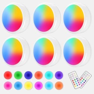 Puck Lights with Remote, 6 Pack LED Under Cabinet Lighting Dimmable Push Lights Battery Operated Under Counter Tap Lights for Kitchen, Multicolor Transformation Stick On Lights, Shiny Black