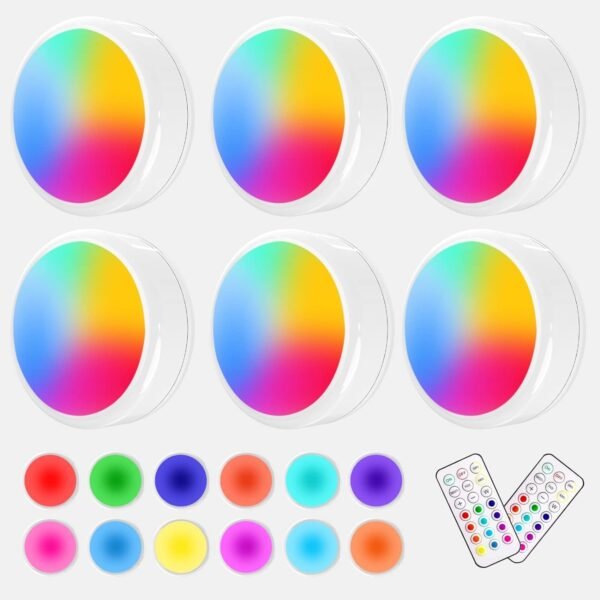 Puck Lights with Remote, 6 Pack LED Under Cabinet Lighting Dimmable Push Lights Battery Operated Under Counter Tap Lights for Kitchen, Multicolor Transformation Stick On Lights, Shiny Black