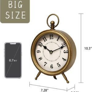 Vintage Table Clock on Stand, Decorative Desk and Shelf Clock Rustic Mantel Clock Non-Ticking, Metal Frame with Antique Gold Finish