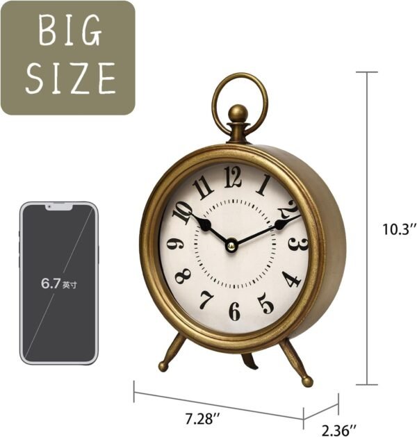 Vintage Table Clock on Stand, Decorative Desk and Shelf Clock Rustic Mantel Clock Non-Ticking, Metal Frame with Antique Gold Finish