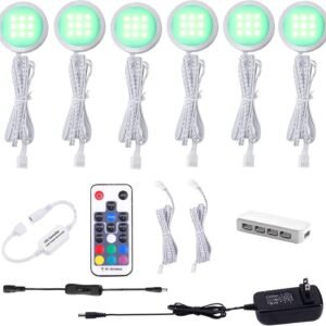 RGB Color Changing LED Under Cabinet Lights Kit Aluminum Slim Puck Lamps for Kitchen Counter Wardrobe Counter Furniture Ambiance Christmas Decor Lighting (6 Lights)