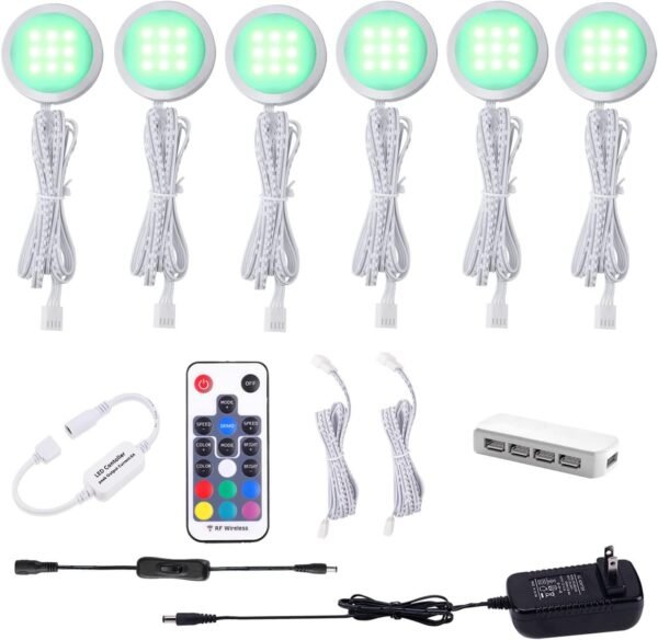 RGB Color Changing LED Under Cabinet Lights Kit Aluminum Slim Puck Lamps for Kitchen Counter Wardrobe Counter Furniture Ambiance Christmas Decor Lighting (6 Lights)