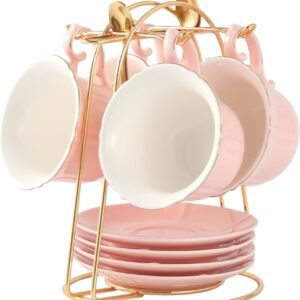 Tea Cups and Saucers Set of 4 (7.4oz), Luxury Tea Cup Set with Golden Trim, Black Coffee Cups with Metal Stand, British Porcelain Tea Party Set - Black