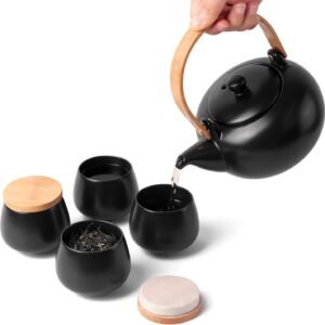 20oz Ceramic Teapot with 4 Teacup, Japanese Style Porcelain Tea Pot, Loose Leaf and Blooming Tea Maker Tea Caddy Cups Pottery Tea Sets with Bentwood Handle for Women Gift (Gloss White)