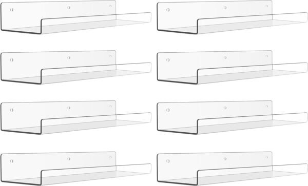 61XNUpHl2fL._AC_SL1500.jpg 4 Pack Acrylic Shelves for Wall Storage, 15" Floating Bookshelves for Kids, Display Shelf Organizer for Bathroom, Bedroom, Living Room, Kitchen, Room Decor, Clear