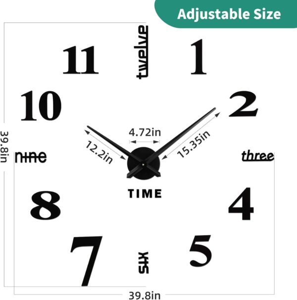 Frameless DIY Wall Clock,Large Modern 3D Mirror Sticker kit for Home Living Room Bedroom Office Wall Decorations(Black)