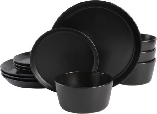 Sofia Coupe Stoneware Dinnerware Set, Service for 4 (12pcs), Black