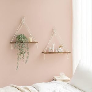Macrame Hanging Shelves Boho Wall Decor Set of 2 Rustic Wood Floating Storage Shelf for Bedroom Bathroom Living Room Nursery Dorm Room, Display Shelving for Hanging Plants Photos