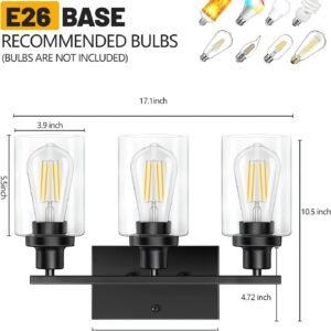 61aXhXE48TL._AC_SL1500.jpg Bathroom Light Fixtures, 3-Light Bathroom Vanity Light, Matte Black Vanity Light with Clear Glass Shade, Modern Bathroom Lights Over Mirror, Vanity Lighting Fixtures for Bathroom, Living Room, Hallway