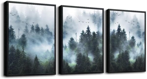 Canvas Wall Art For Living Room Modern Family Wall Decorations For Bedroom Office Wall Decor Foggy Forest Trees Landscape Wall Painting Prints Art Pictures Artwork Room Home Decor 3 Piece