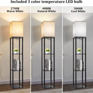 Floor Lamp with Shelves, Shelf Lamps with 3 Color Temperature LED Bulb,Storage Wood Texture Modern, Display Standing Lamp for Living Room,Office, Bedroom