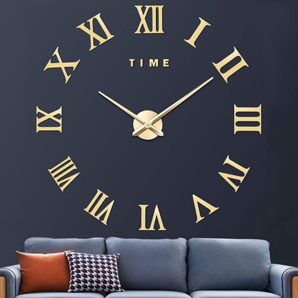 Large 3D DIY Wall Clock, Giant Roman Numerals Clock Frameless Mirror Big Wall Clock Home Decoration for Home Living Room Bedroom Wall Decorations(Gold)