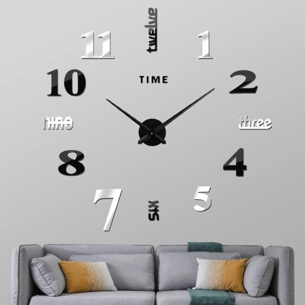 Frameless DIY Wall Clock,Large Modern 3D Mirror Sticker kit for Home Living Room Bedroom Office Wall Decorations(Black)