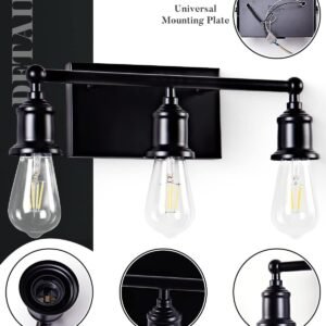 3-Light Vanity Light Fixture, Industrial Black Wall Sconce Lighting Fixture, Farmhouse Vanity Wall Lights Over Mirror, E26 Base Indoor Wall Lamp for Bathroom (Bulb Not Included)